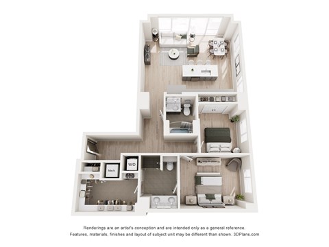 A 3D floor plan of a house with a kitchen, living room, and two bedrooms.